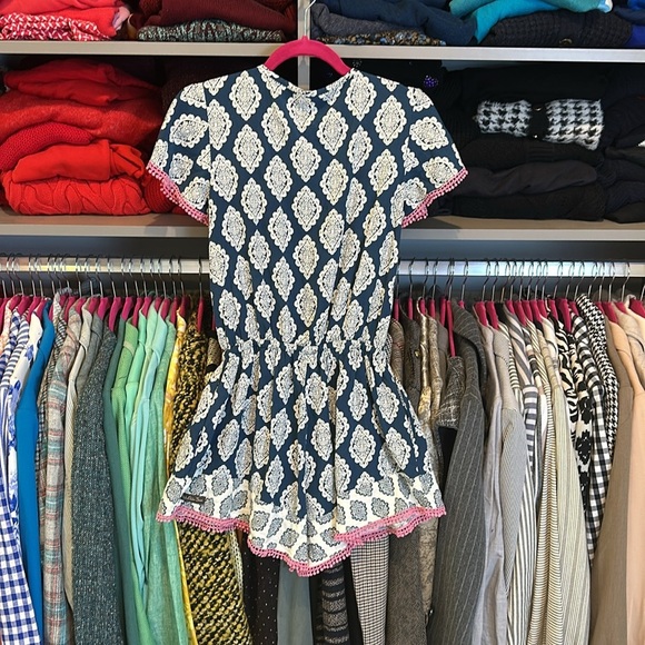 Matilda Jane navy/white/pink print short sleeve front button closure romper XS - Picture 3 of 3